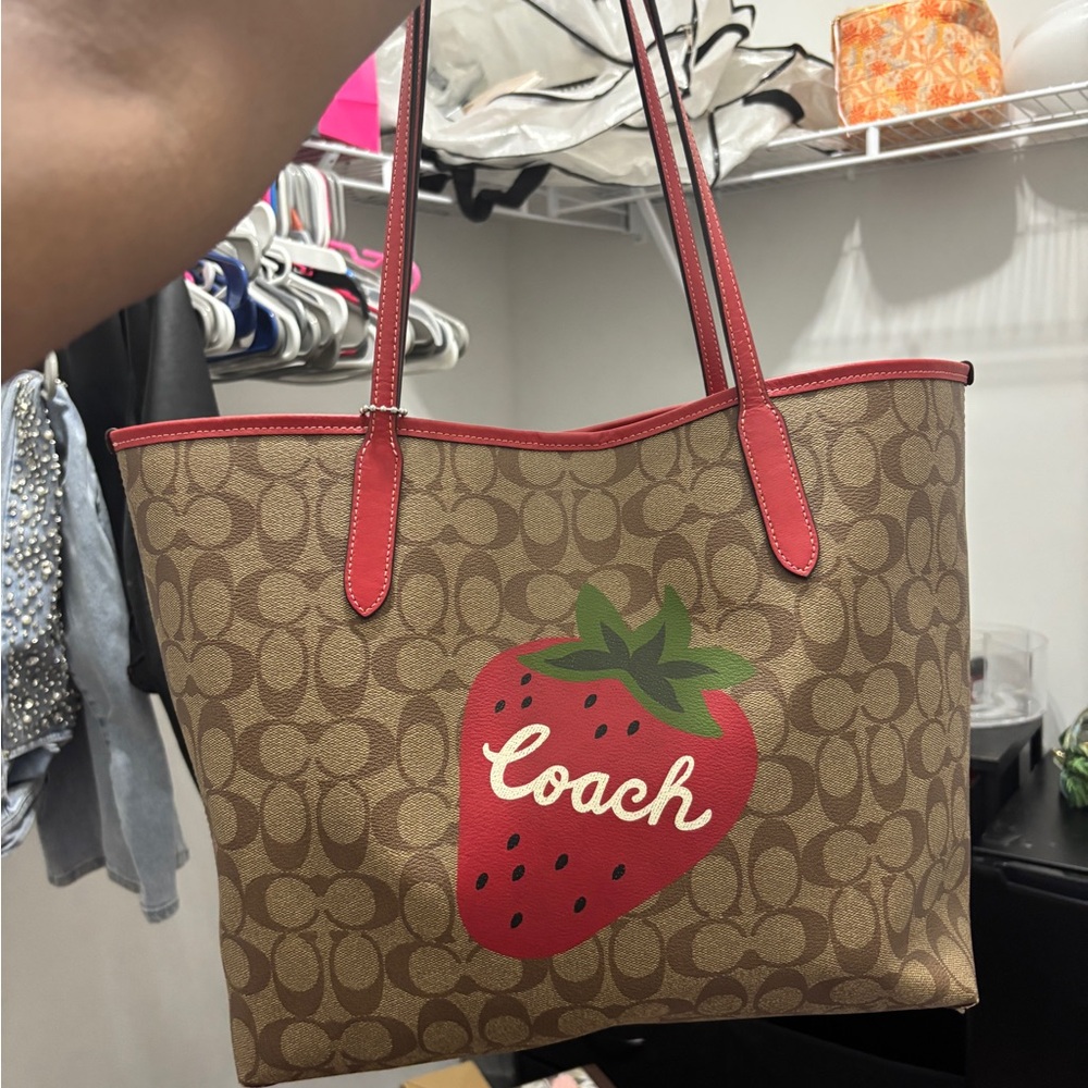 Coach Strawberry Print Tote Bag - Brown and Red